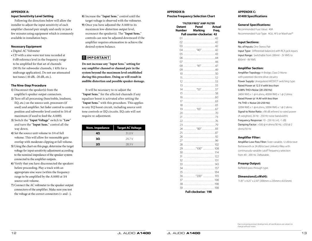 JL Audio A1400 owner manual Appendix a, Appendix B, Appendix C 