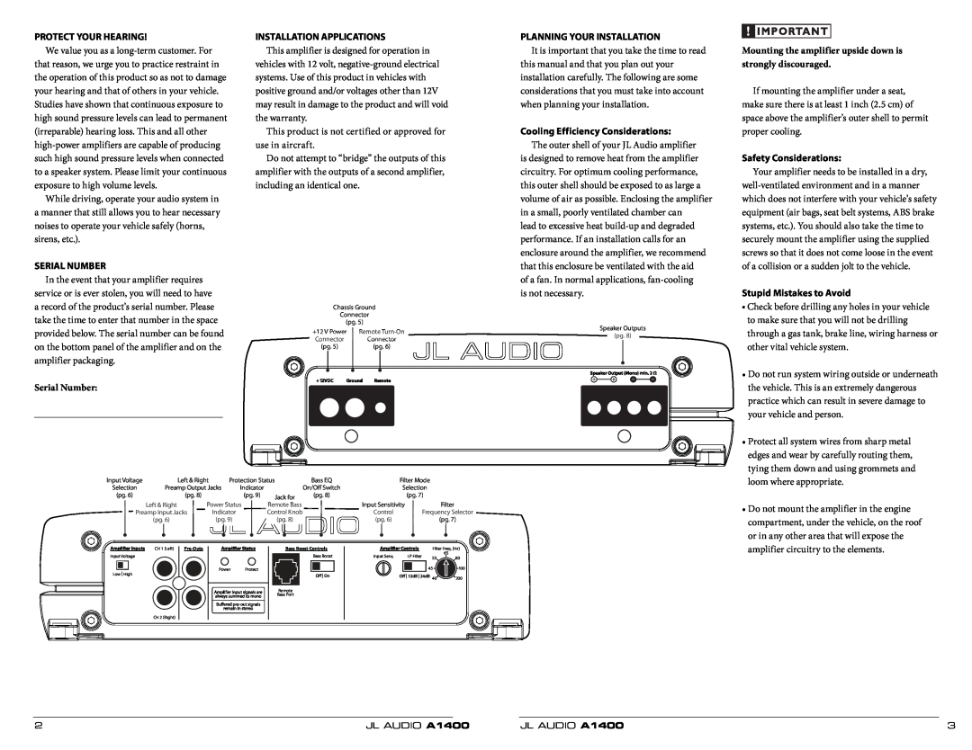 JL Audio A1400 owner manual Protect Your Hearing, Serial Number, Installation Applications, Planning Your Installation 