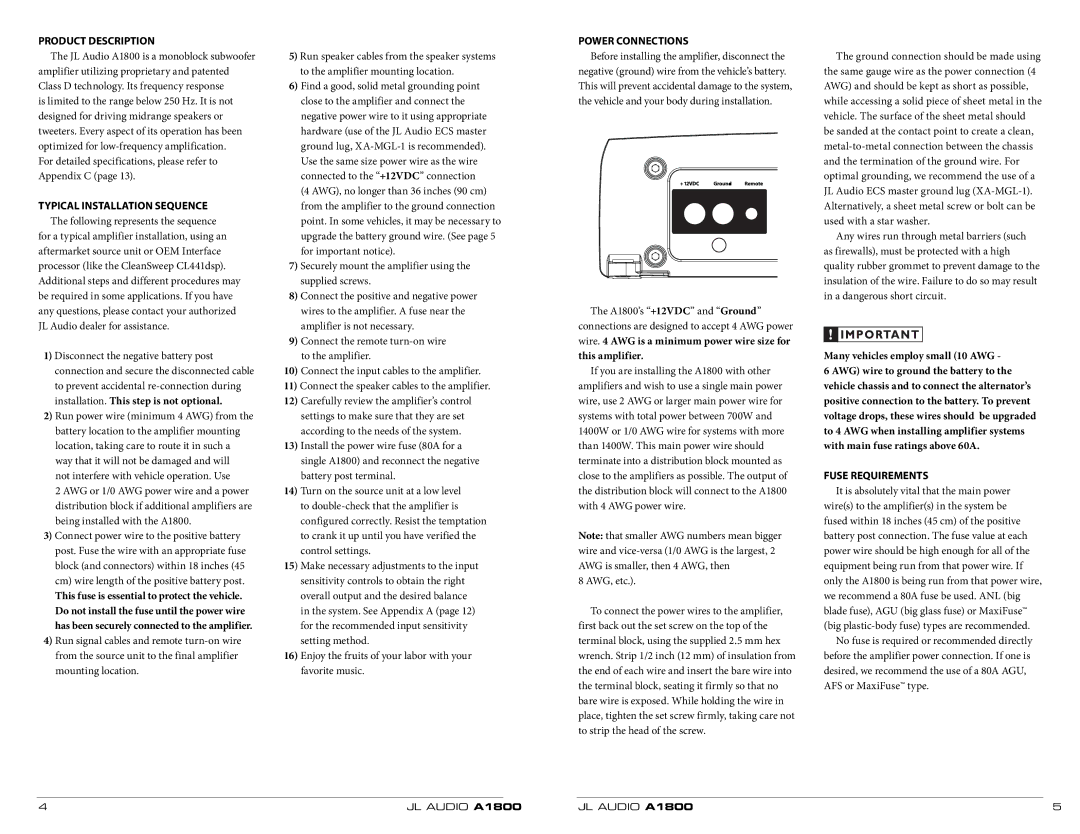 JL Audio A1800 owner manual Product Description, Typical Installation Sequence, Power Connections, Fuse Requirements 