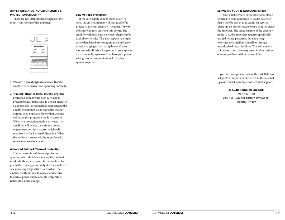 JL Audio A1800 owner manual Amplifier Status Indicator Lights & Protection Circuitry, Advanced Rollback Thermal protection 