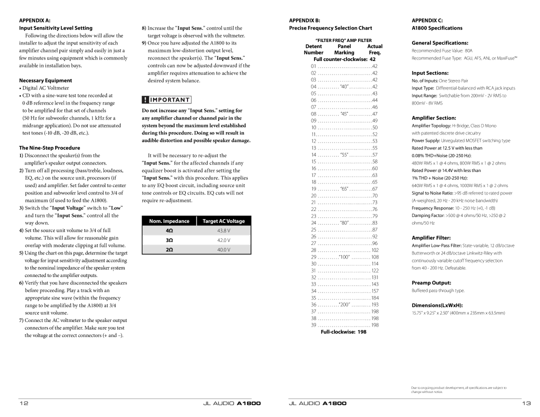 JL Audio A1800 owner manual Appendix a, Appendix B, Appendix C 