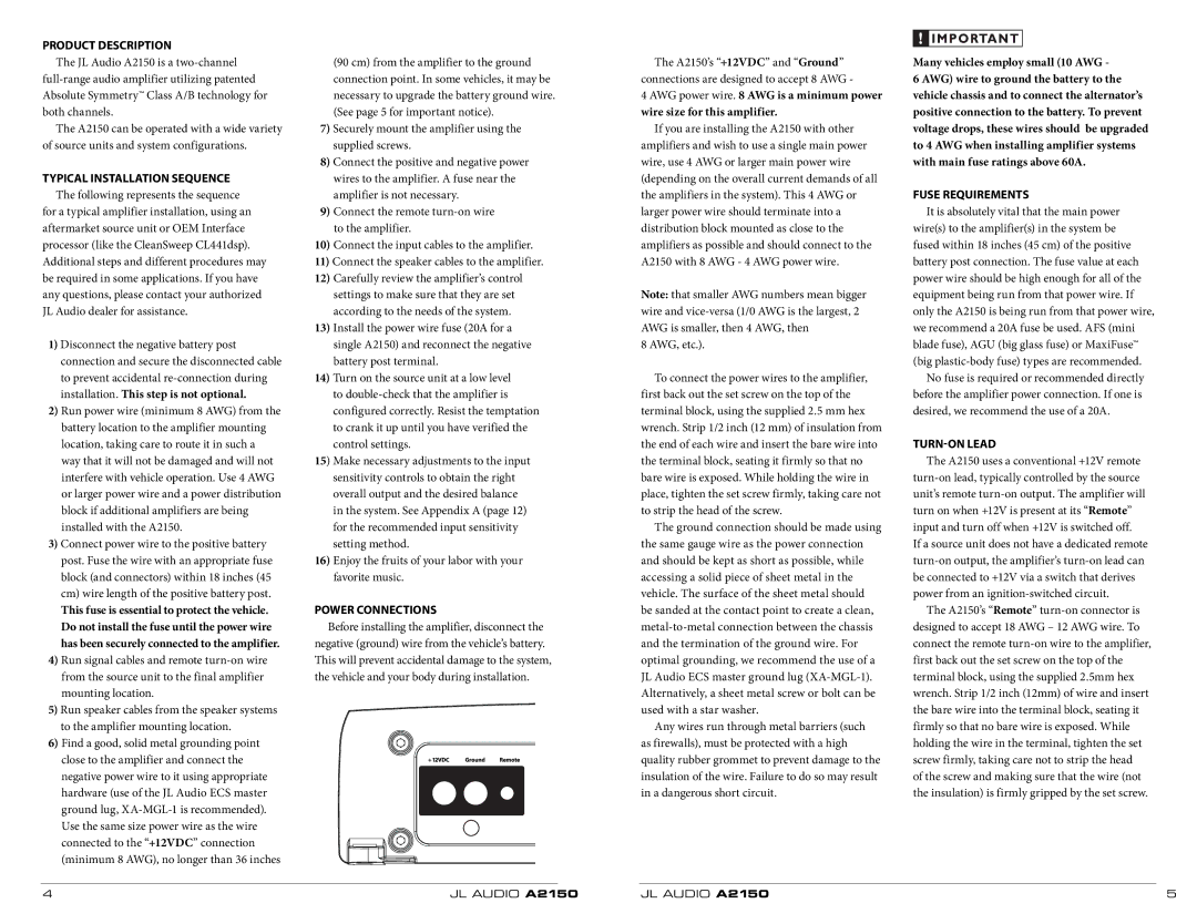 JL Audio A2150 Product Description, Typical Installation Sequence, Power Connections, Fuse Requirements, TURN-ON Lead 