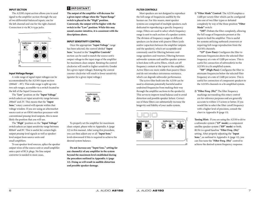 JL Audio A2150 owner manual Input Section, Input Voltage Range, Input Sensitivity Control, Filter Controls 