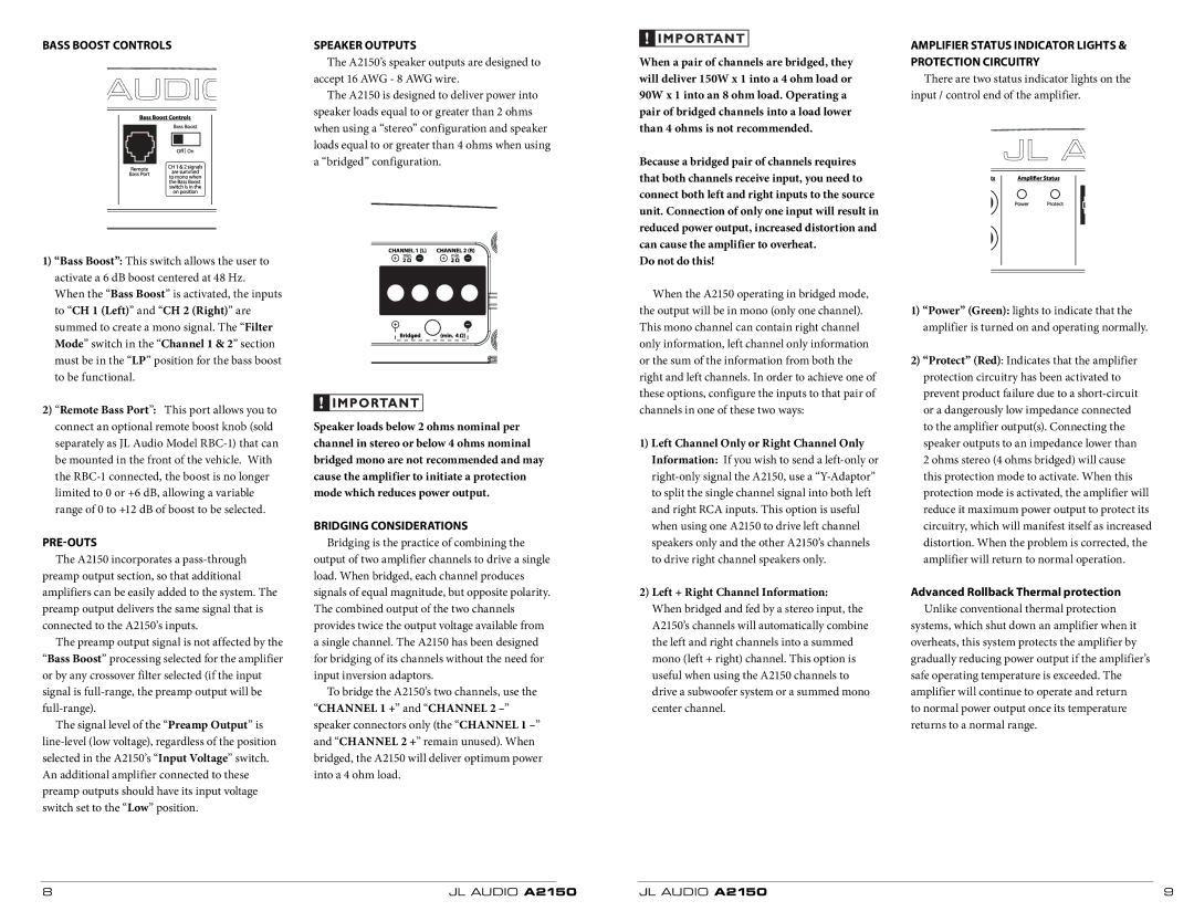 JL Audio A2150 owner manual Bass Boost Controls, Pre-Outs, Speaker Outputs, Bridging Considerations 