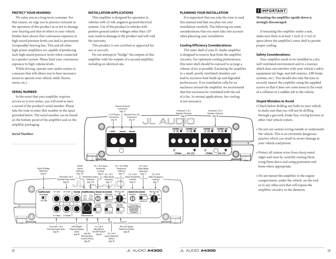 JL Audio A4300 owner manual Protect Your Hearing, Serial Number, Installation Applications, Planning Your Installation 