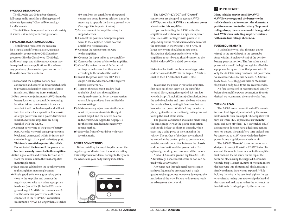 JL Audio A4300 Product Description, Typical Installation Sequence, Power Connections, Fuse Requirements, TURN-ON Lead 