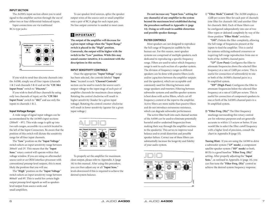 JL Audio A4300 owner manual Input Section, Input Voltage Range, Input Sensitivity Controls, Filter Controls 