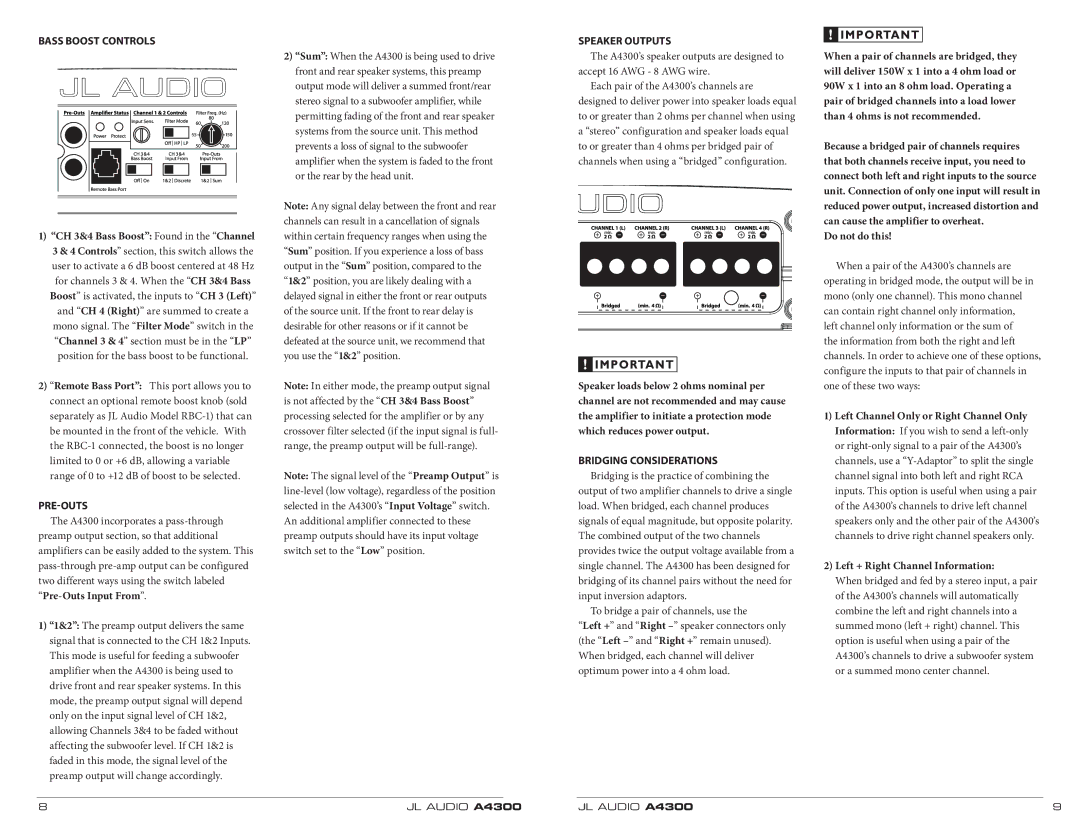 JL Audio A4300 owner manual Bass Boost Controls, Pre-Outs, Speaker Outputs, Bridging Considerations 