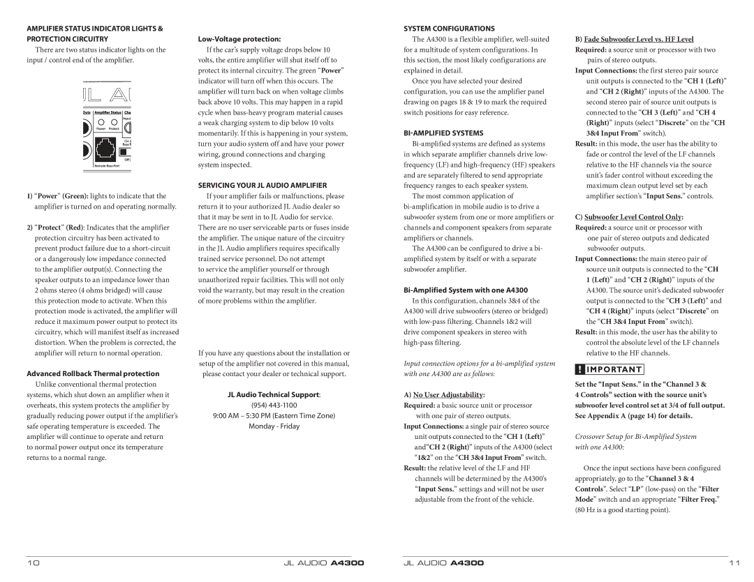 JL Audio A4300 owner manual Amplifier Status Indicator Lights & Protection Circuitry, Servicing Your JL Audio Amplifier 