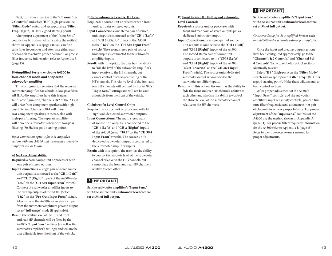 JL Audio A4300 owner manual Rear pairs of stereo outputs 
