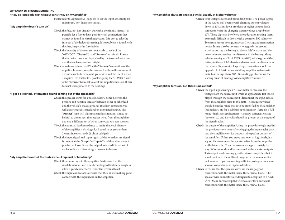 JL Audio A4300 owner manual Appendix D Trouble Shooting, How do I properly set the input sensitivity on my amplifier 