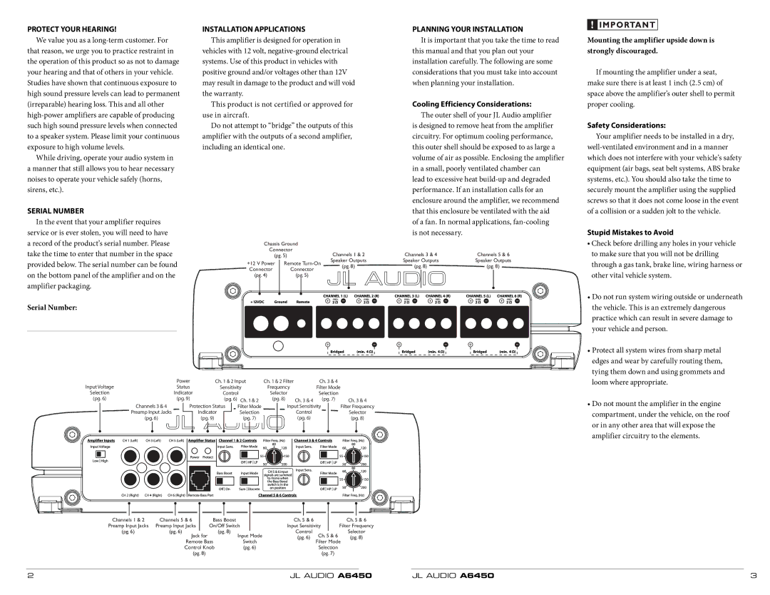 JL Audio A6450 owner manual Protect Your Hearing, Serial Number, Installation Applications, Planning Your Installation 