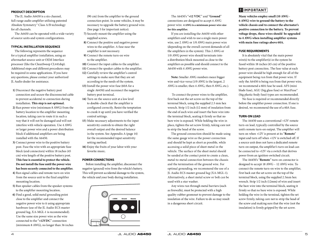 JL Audio A6450 Product Description, Typical Installation Sequence, Power Connections, Fuse Requirements, TURN-ON Lead 