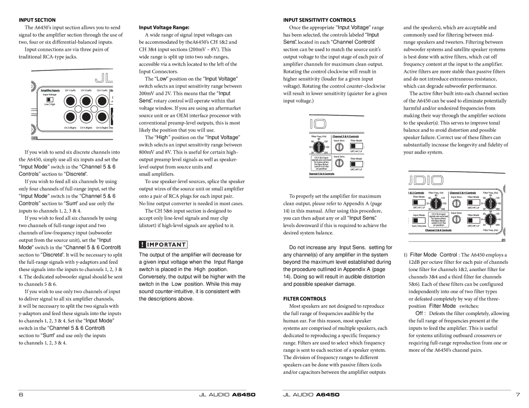 JL Audio A6450 owner manual Input Section, Input Voltage Range, Input Sensitivity Controls, Filter Controls 