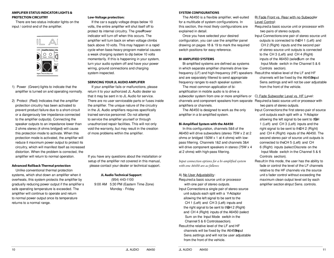 JL Audio A6450 owner manual Amplifier Status Indicator Lights & Protection Circuitry, Servicing Your JL Audio Amplifier 