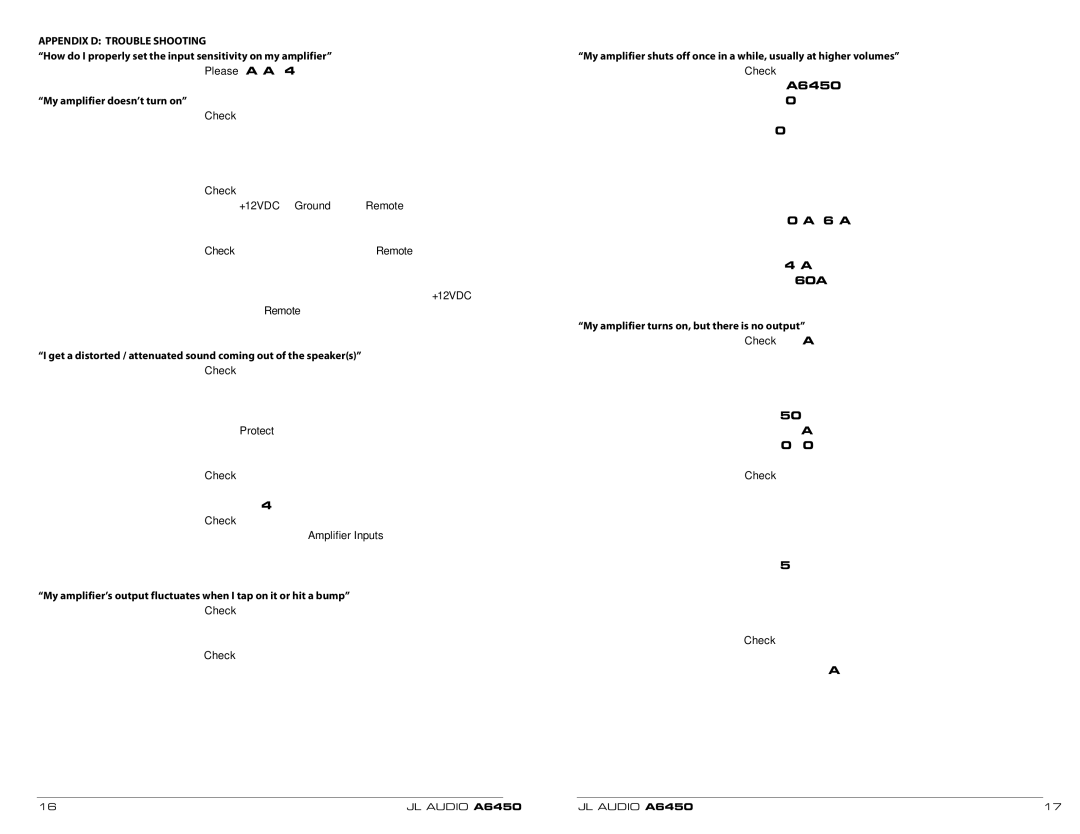 JL Audio A6450 owner manual Appendix D Trouble Shooting, How do I properly set the input sensitivity on my amplifier 