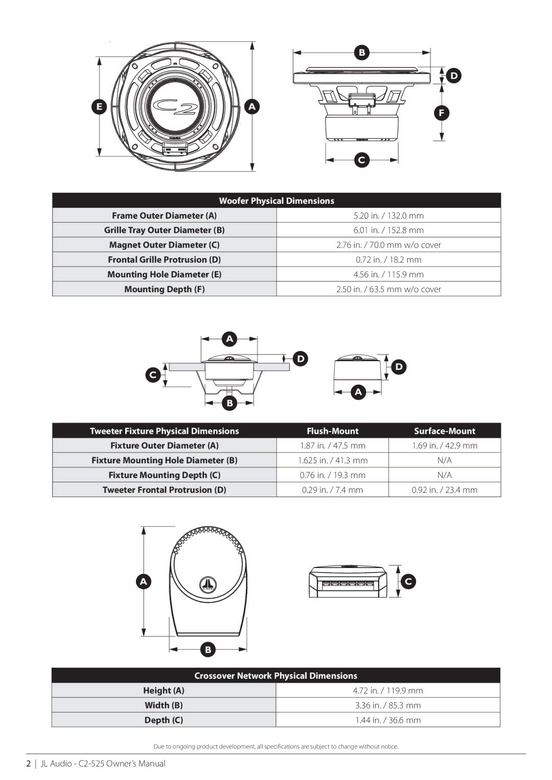 JL Audio C2-525cw, C2-525-XO, C2-075ct, C2-525-05202009 owner manual Woofer Physical Dimensions 