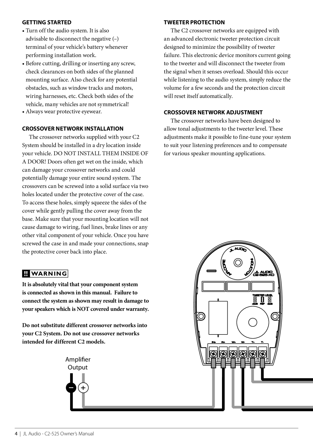 JL Audio C2-525-XO, C2-075ct, C2-525cw Crossover Network Installation, Tweeter Protection, Crossover Network Adjustment 