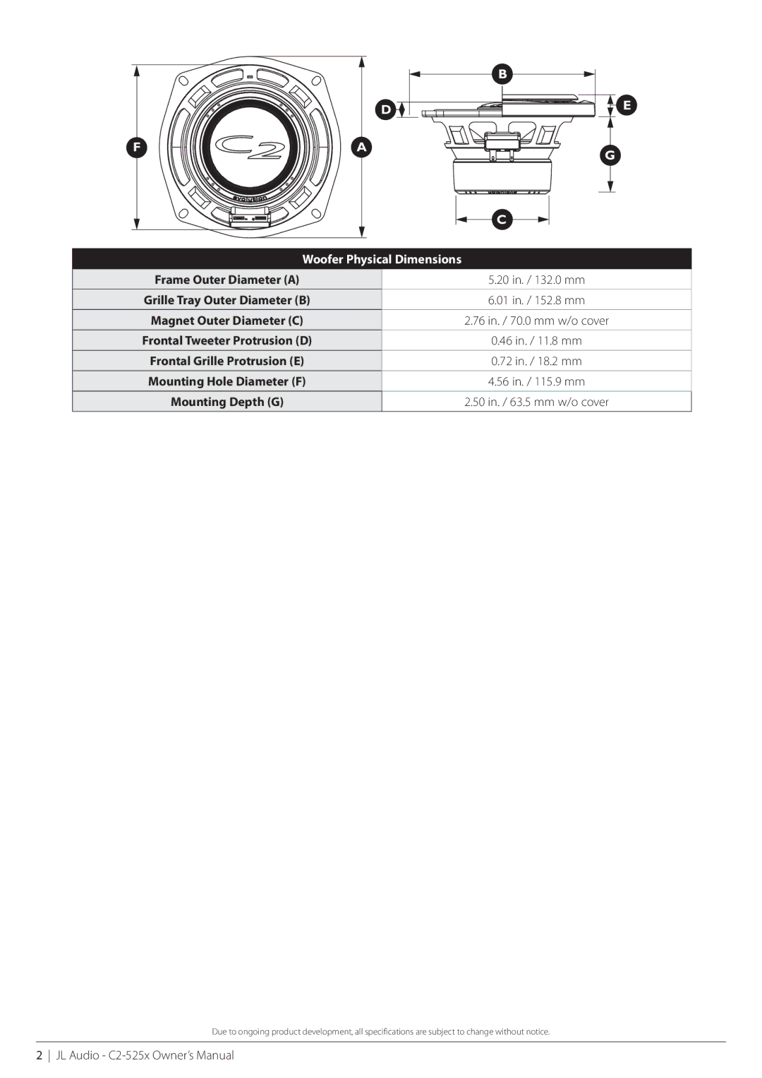 JL Audio C2-525x owner manual Woofer Physical Dimensions 