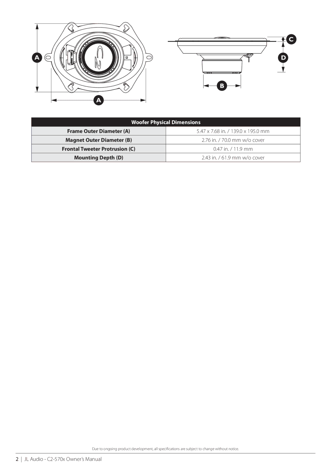 JL Audio C2-570x-06112008 owner manual Woofer Physical Dimensions 