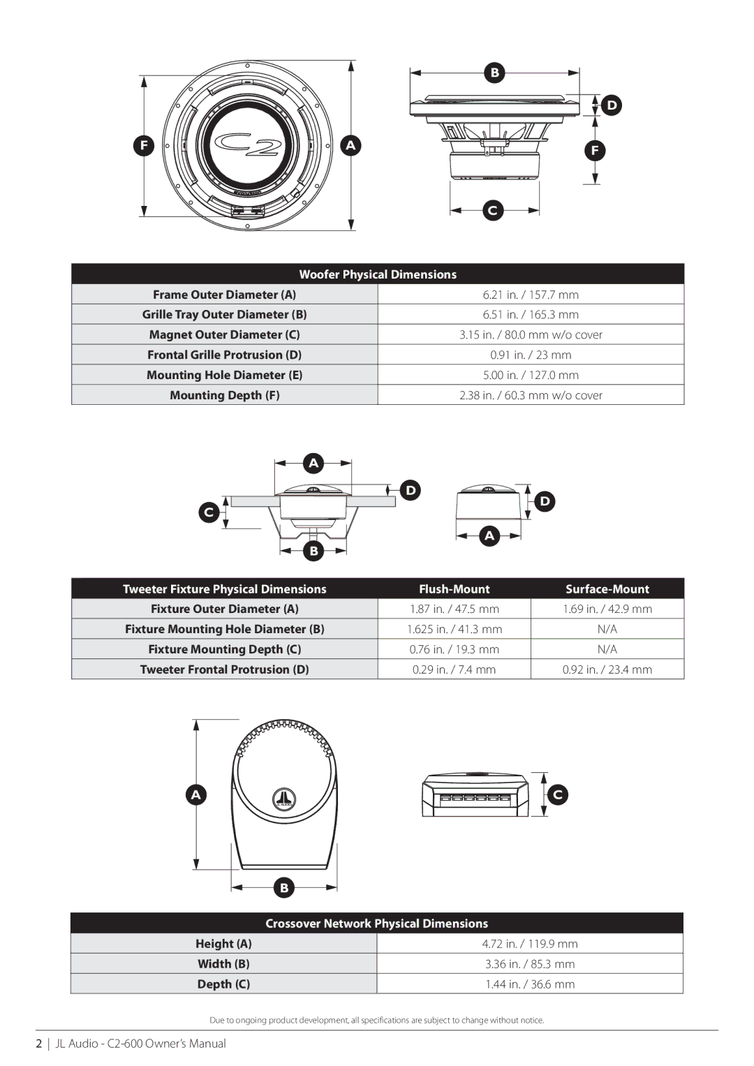 JL Audio C2-600-XO, C2-600cw, C2-600-02102009 owner manual Woofer Physical Dimensions 