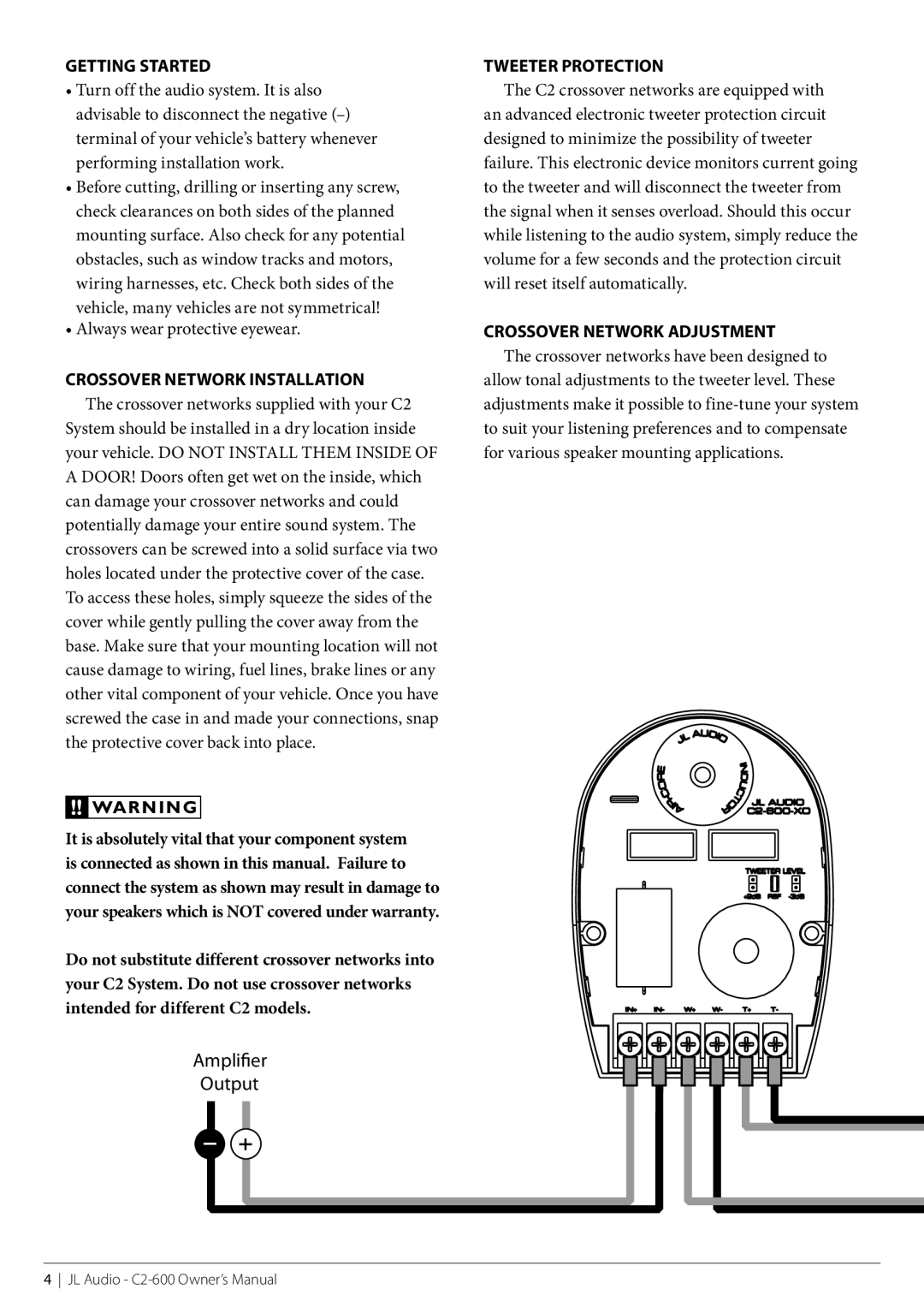 JL Audio C2-600-XO, C2-600cw owner manual Crossover Network Installation, Tweeter Protection, Crossover Network Adjustment 