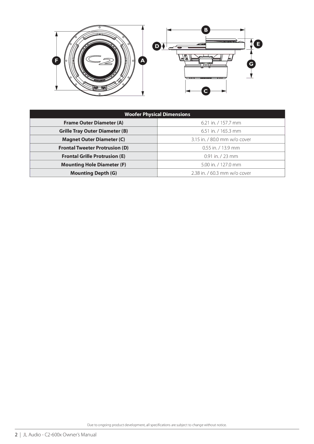 JL Audio C2-600x-06112008 owner manual Woofer Physical Dimensions 