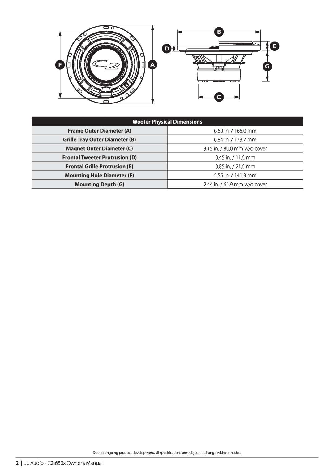 JL Audio C2-650x-06112008 owner manual F A C, Woofer Physical Dimensions, Frame Outer Diameter A, 6.50 in. / 165.0 mm 