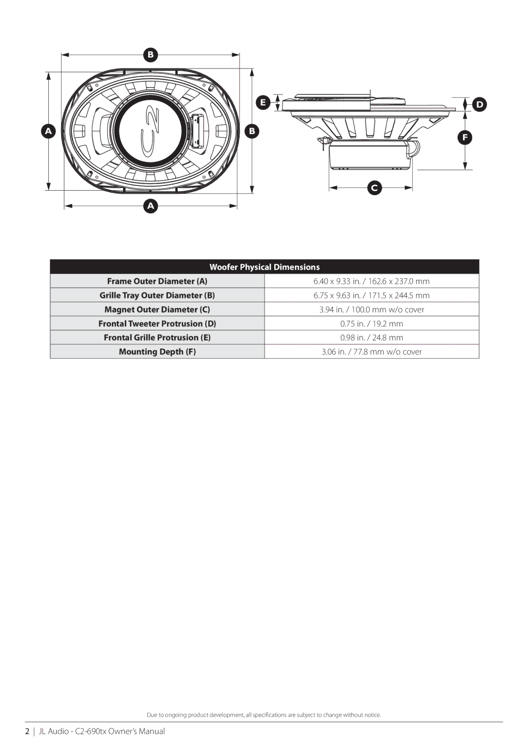 JL Audio C2-690tx-11012008 owner manual Woofer Physical Dimensions 