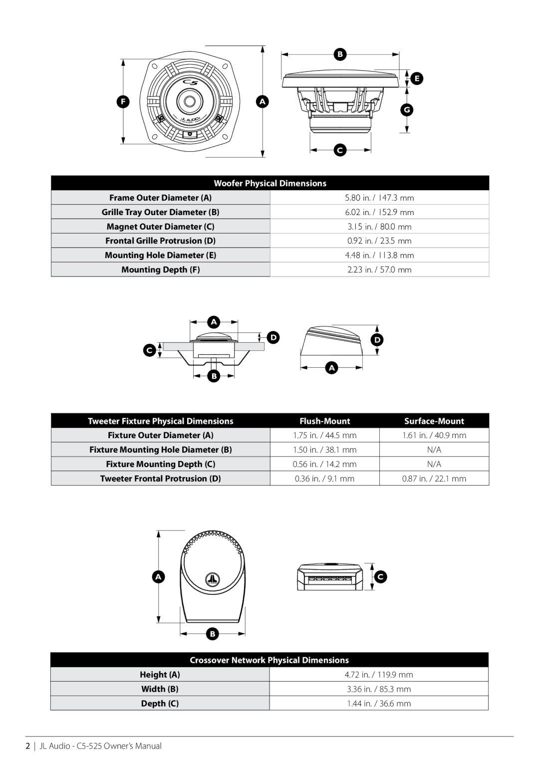 JL Audio C5-075ct, C5-570, C5-525cw, C5-525-XO owner manual Crossover Network Physical Dimensions 