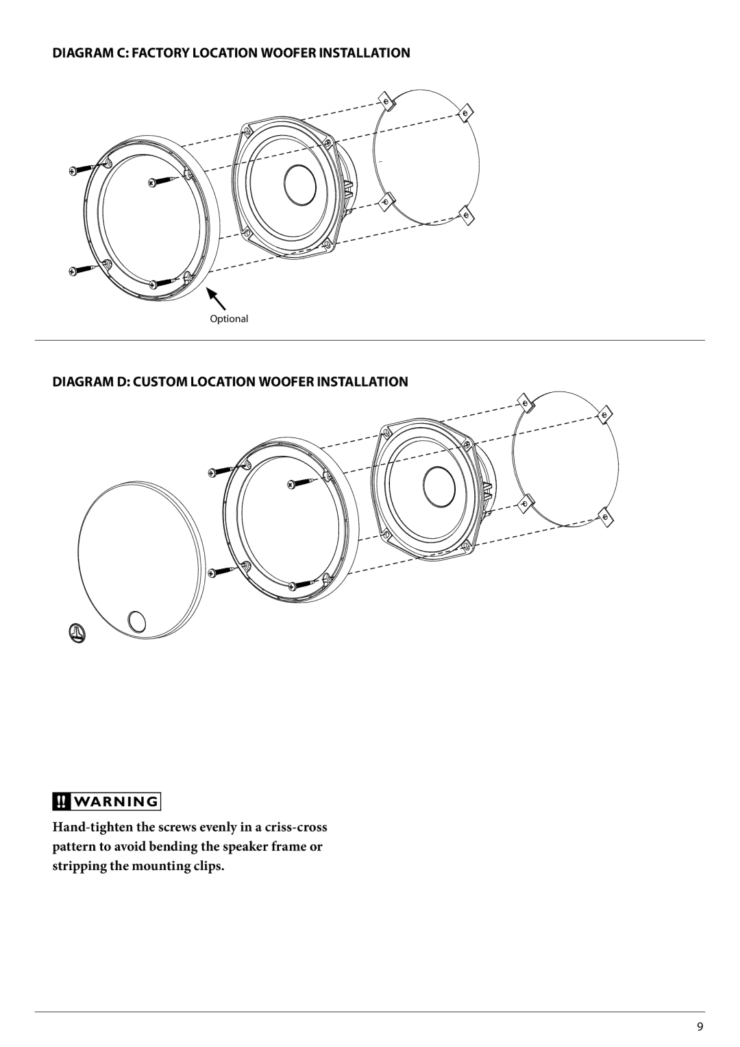 JL Audio C5-525cw, C5-570 Diagram C Factory Location Woofer Installation, Diagram D Custom Location Woofer Installation 