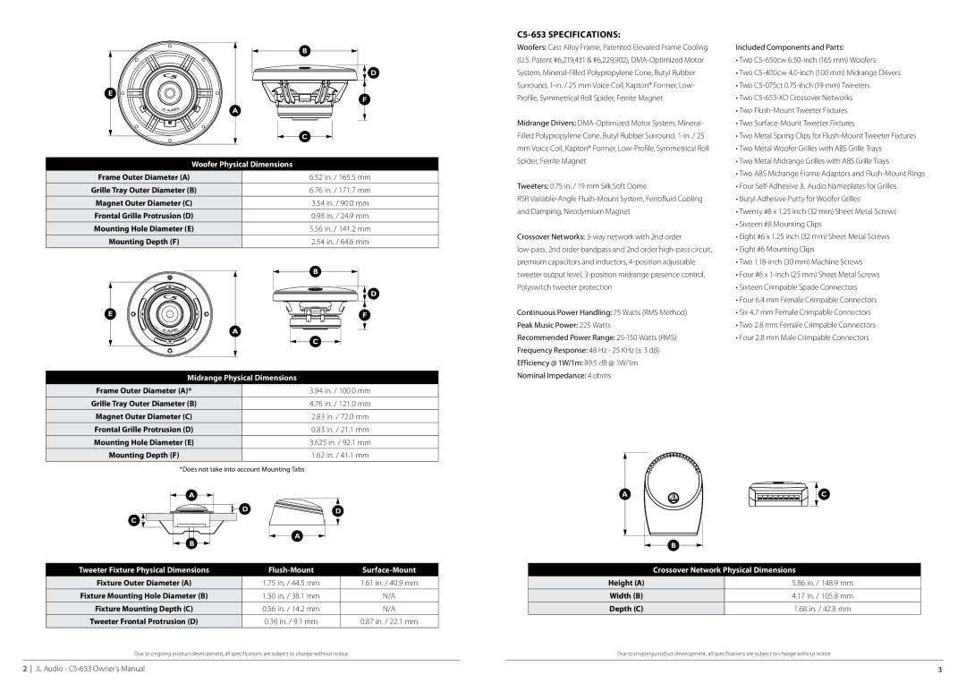 JL Audio C5-653-XO, C5-653-08132010, C5-650cw, C5-400cw owner manual C5-653 Specifications, Woofer Physical Dimensions 