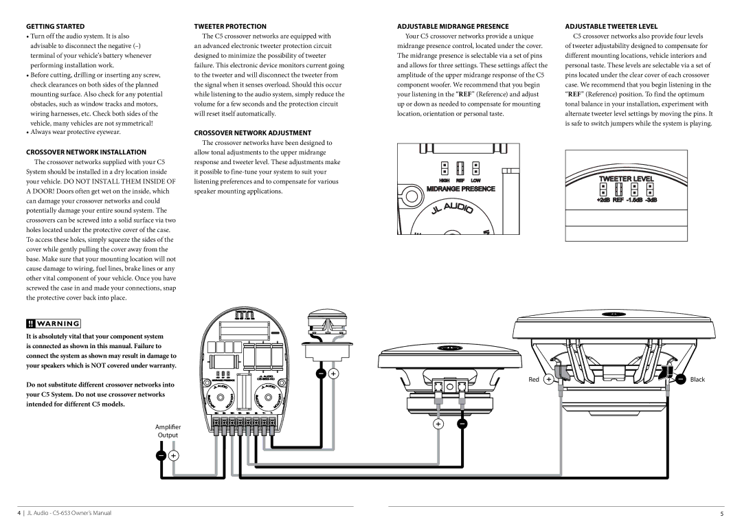 JL Audio C5-650cw, C5-653-08132010, C5-653-XO Getting Started, Crossover Network Installation, Crossover Network Adjustment 