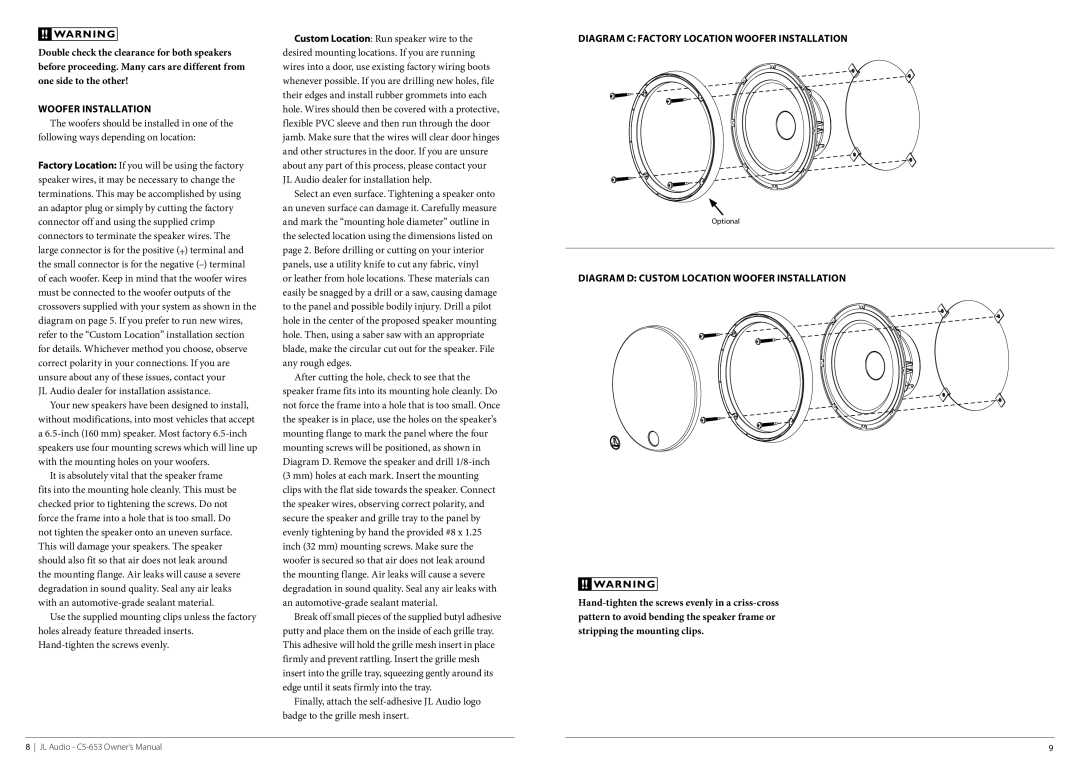 JL Audio C5-653-08132010 Diagram C Factory Location Woofer Installation, Diagram D Custom Location Woofer Installation 