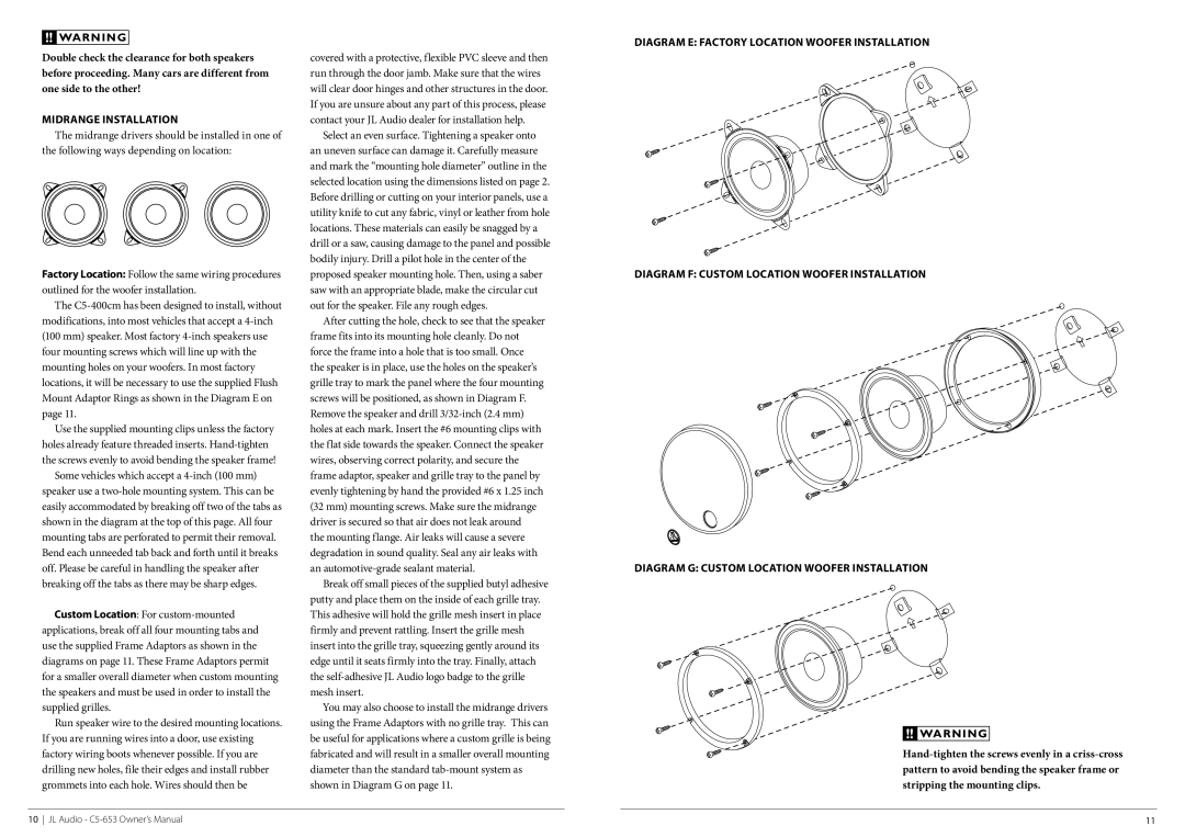 JL Audio C5-653-08132010, C5-653-XO, C5-650cw, C5-400cw owner manual Midrange Installation 