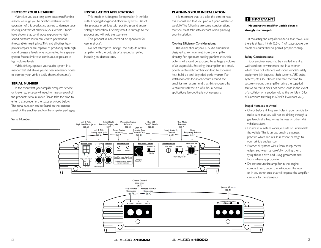 JL Audio e1800D owner manual Protectyour Hearing, Installation Applications, Planningyour Installation, Serial Number 