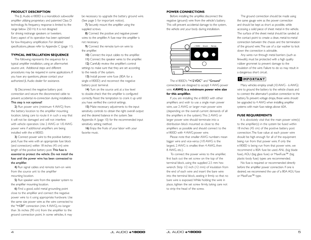 JL Audio e1800D owner manual Product Description, Typical Installation Sequence, Power Connections, Fuse Requirements 