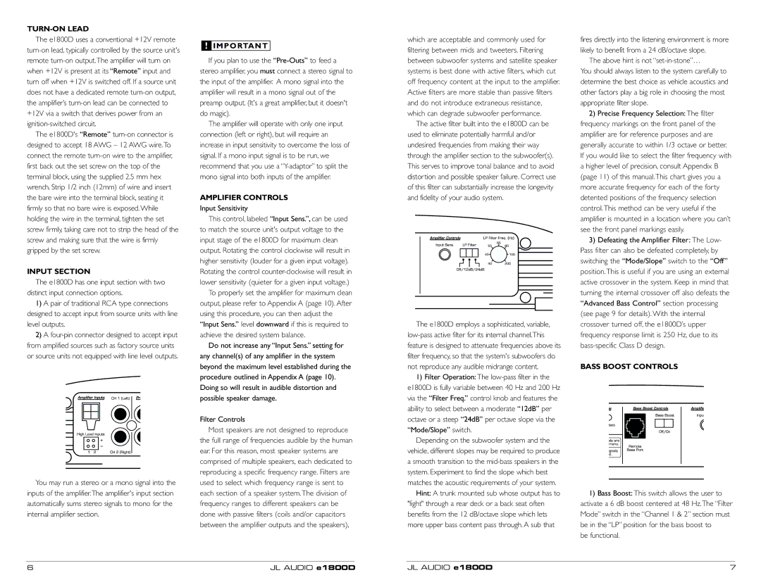 JL Audio e1800D owner manual TURN-ON Lead, Input Section, Amplifier Controls, Bass Boost Controls 