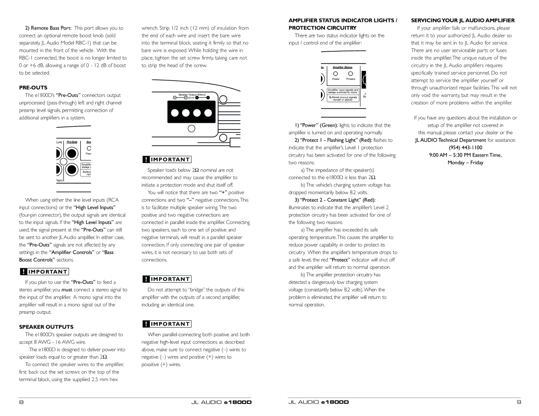 JL Audio e1800D owner manual Pre-Outs, Speaker Outputs, Amplifier Status Indicator Lights Protection Circuitry 