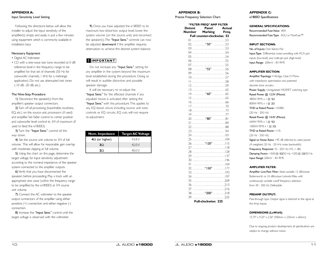 JL Audio e1800D owner manual Appendix a, Appendix B, Appendix C 