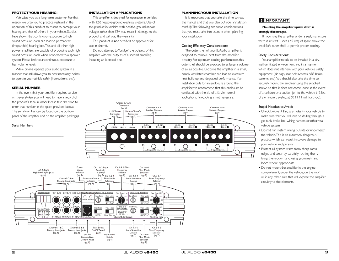 JL Audio E6450 owner manual Protectyour Hearing, Serial Number, Installation Applications, Planningyour Installation 