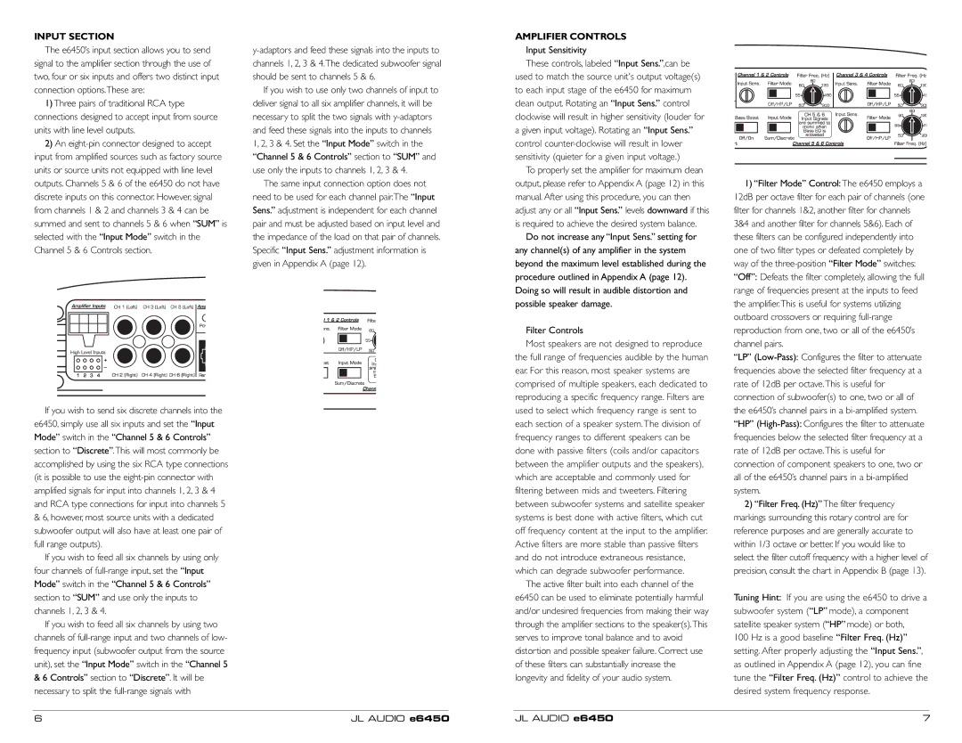 JL Audio E6450 owner manual Input Section, Amplifier Controls, Filter Controls 