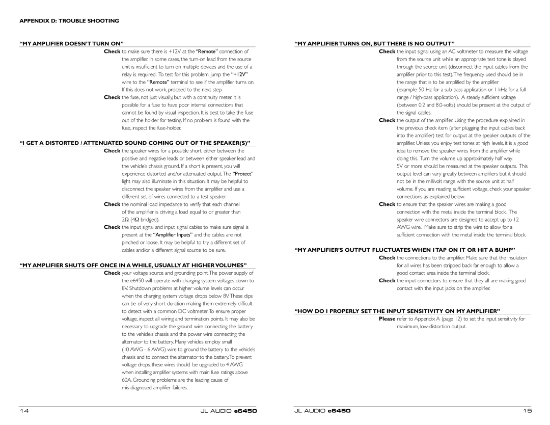 JL Audio E6450 Appendix D Trouble Shooting MY Amplifier DOESN’T Turn on, MY Amplifier Turns ON, but There is no Output 