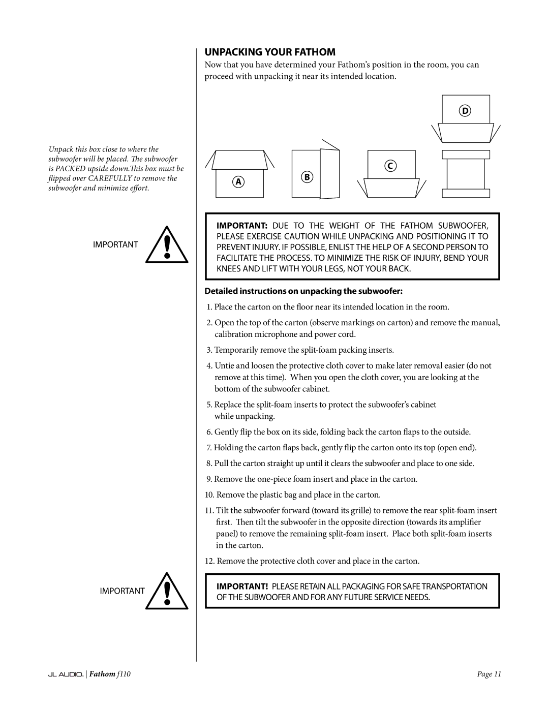 JL Audio f110 owner manual Unpacking Your Fathom, Detailed instructions on unpacking the subwoofer 