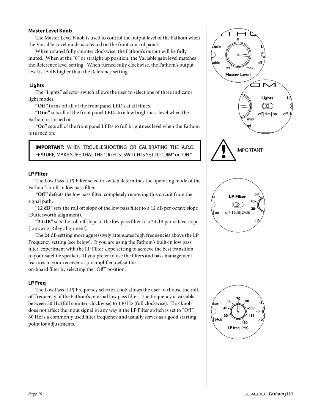 JL Audio f110 owner manual Master Level Knob, Lights, LP Filter, LP Freq 