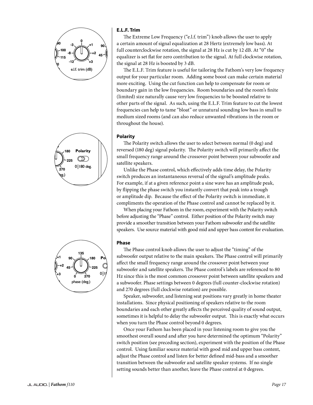 JL Audio f110 owner manual F. Trim, Polarity, Phase 