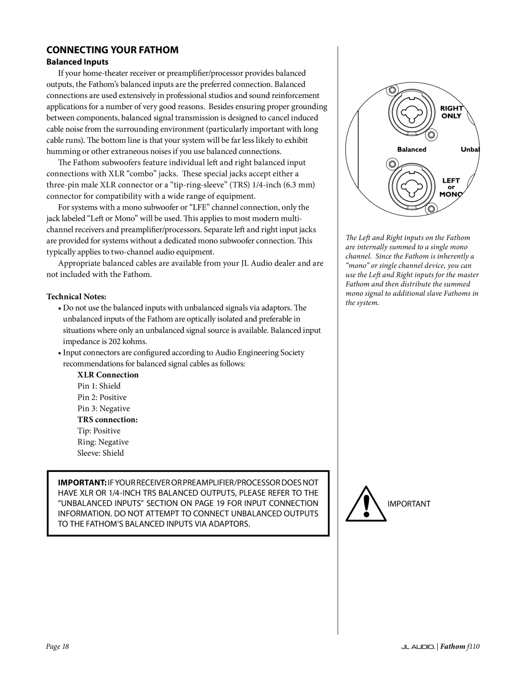 JL Audio f110 owner manual Connecting Your Fathom, Balanced Inputs, Technical Notes 