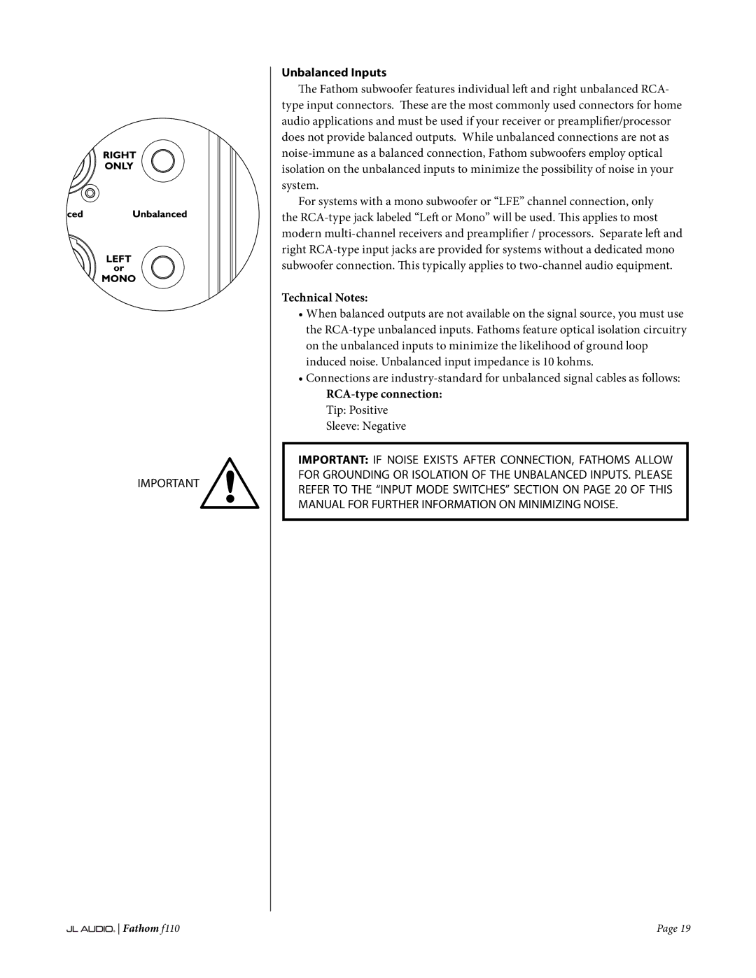 JL Audio f110 owner manual Unbalanced Inputs, RCA-type connection Tip Positive 