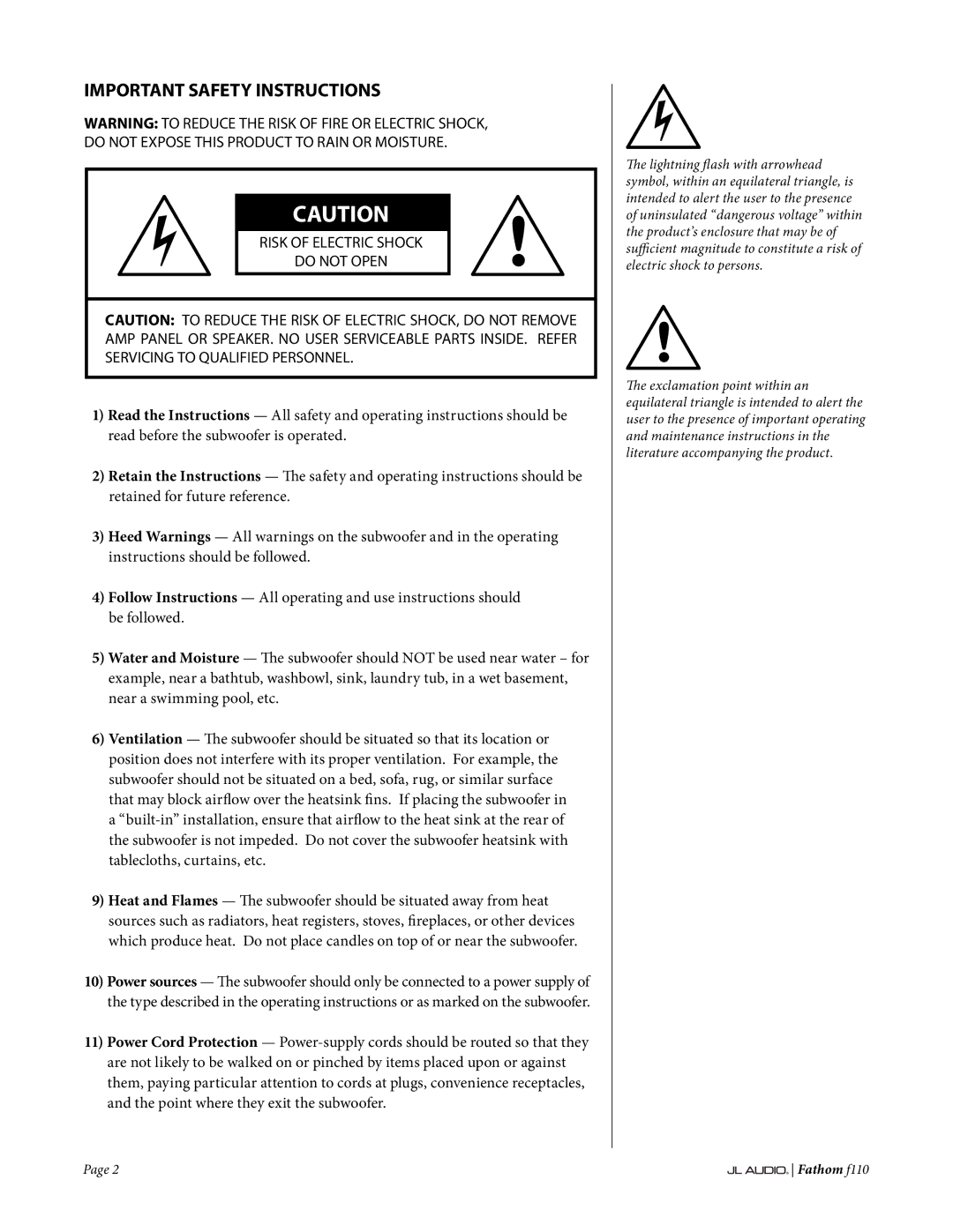 JL Audio f110 owner manual Important Safety Instructions, Risk of Electric Shock Do not Open 