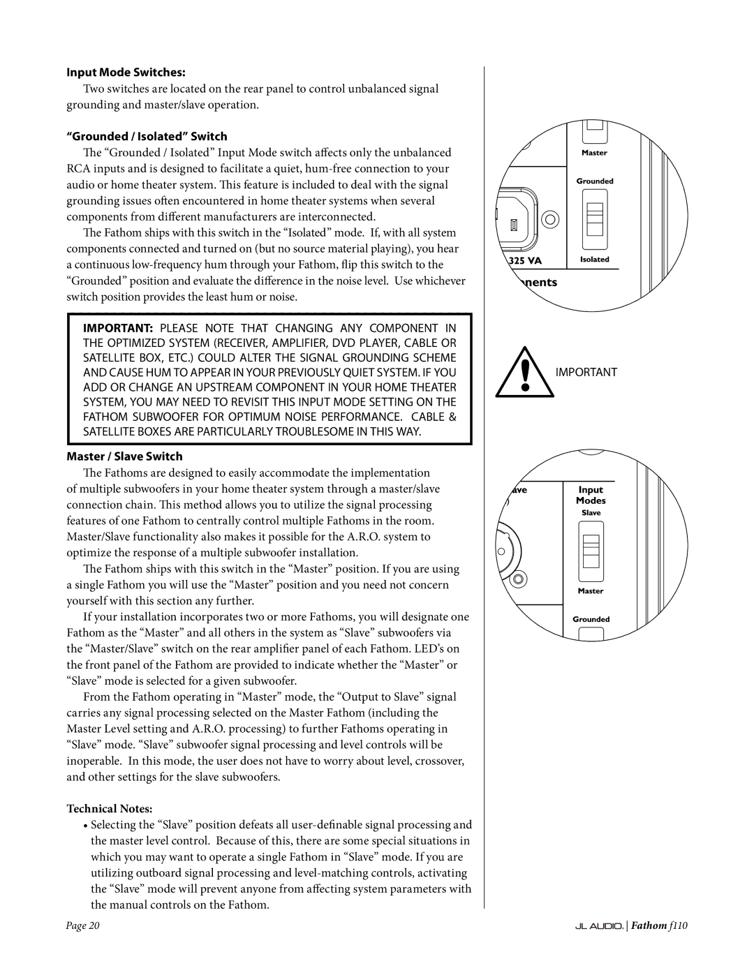 JL Audio f110 owner manual Input Mode Switches, Grounded / Isolated Switch, Master / Slave Switch 